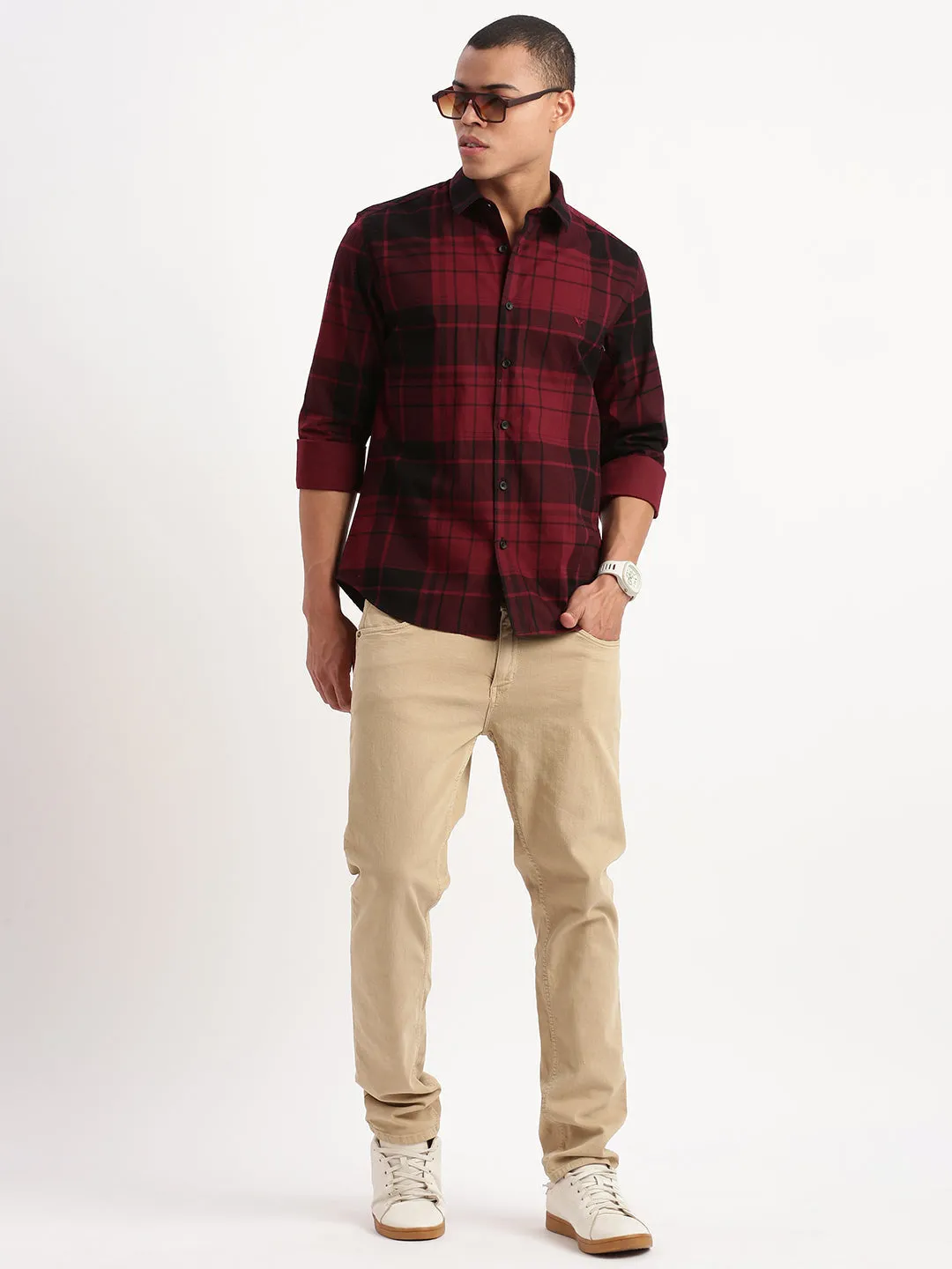 Men Tartan Checks Maroon Shirt