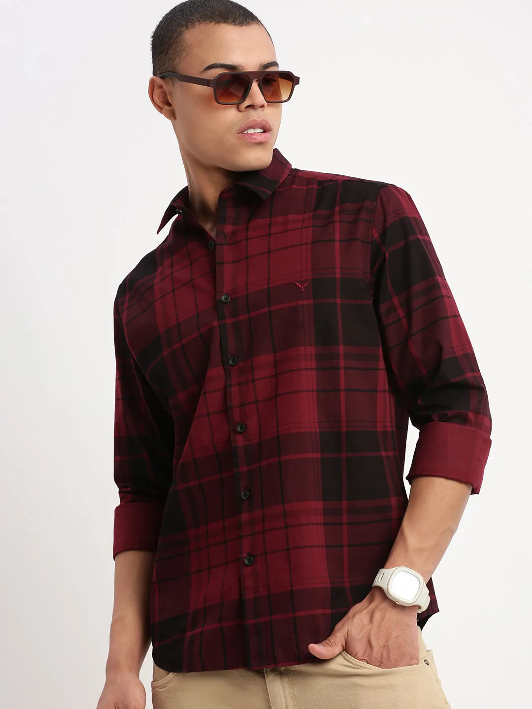 Men Tartan Checks Maroon Shirt