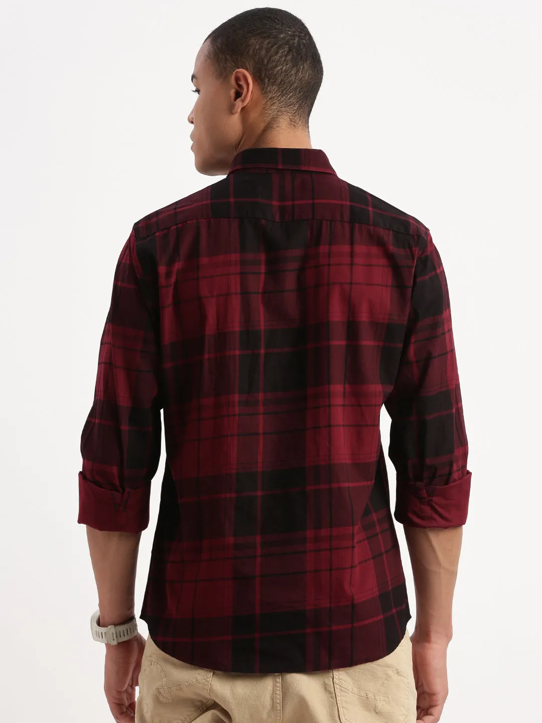 Men Tartan Checks Maroon Shirt