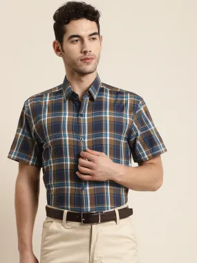 Men's Cotton Brown & Blue Navy Half sleeves Casual Shirt