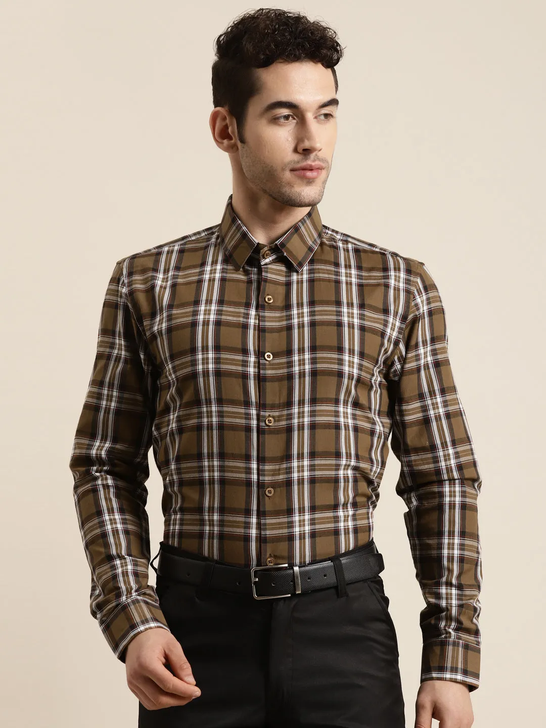 Men's Cotton Brown & White Casual Shirt