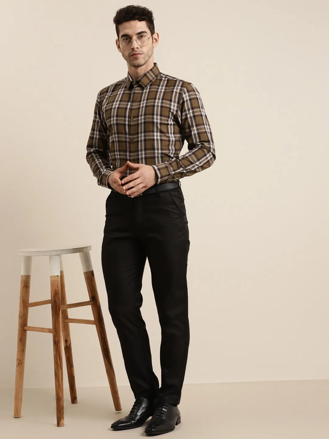 Men's Cotton Brown & White Casual Shirt