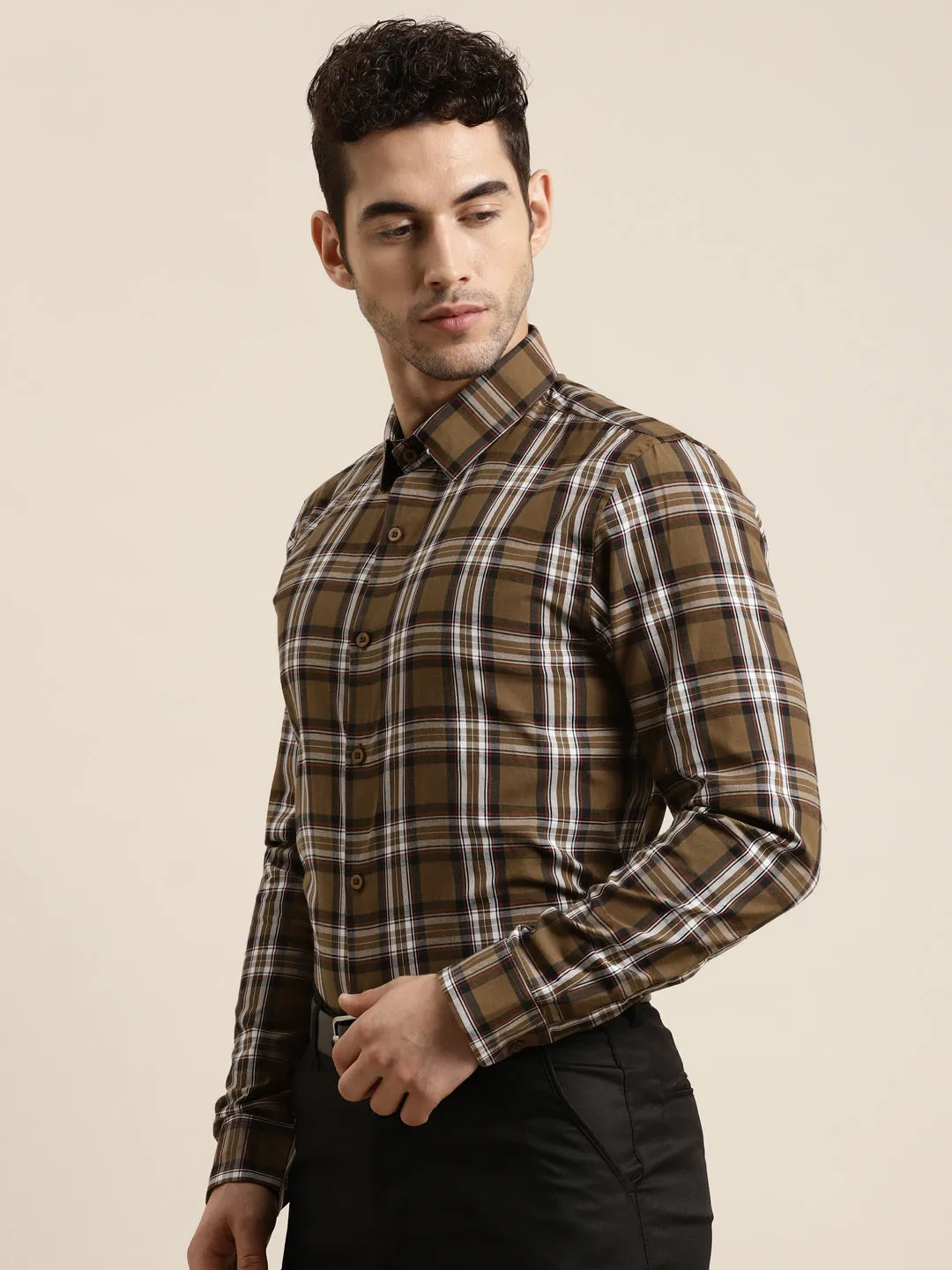 Men's Cotton Brown & White Casual Shirt