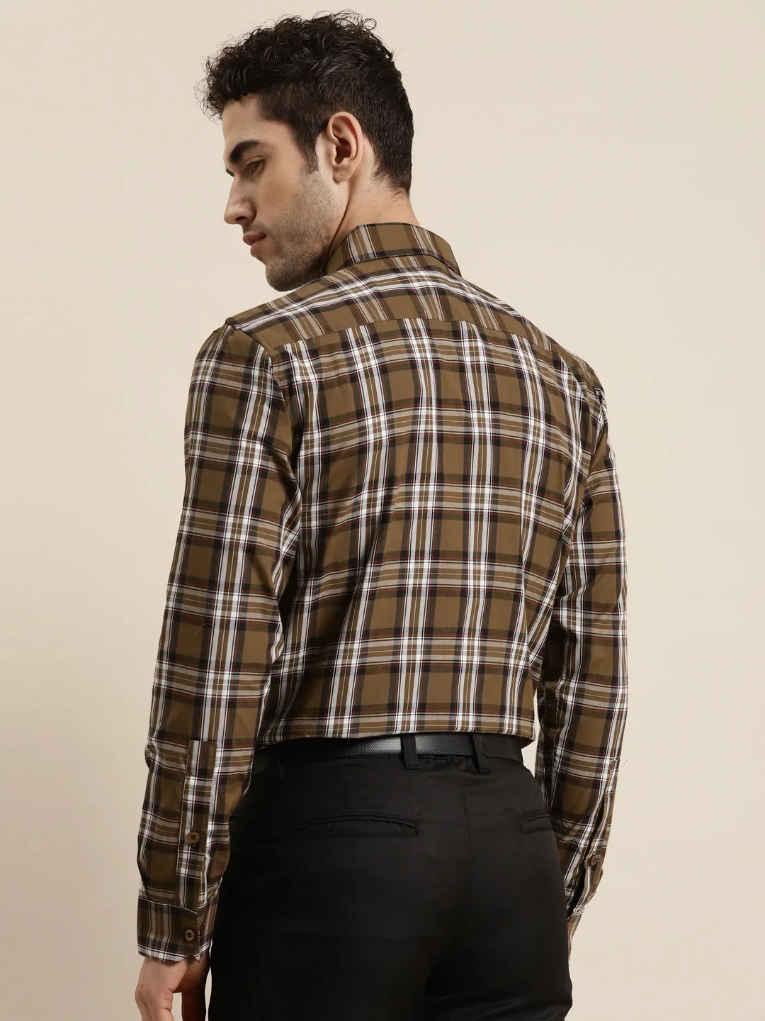 Men's Cotton Brown & White Casual Shirt