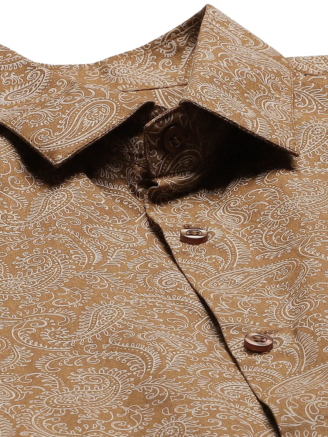 Mens Cotton Metallic Gold & White Printed Formal Shirt - Sojanya