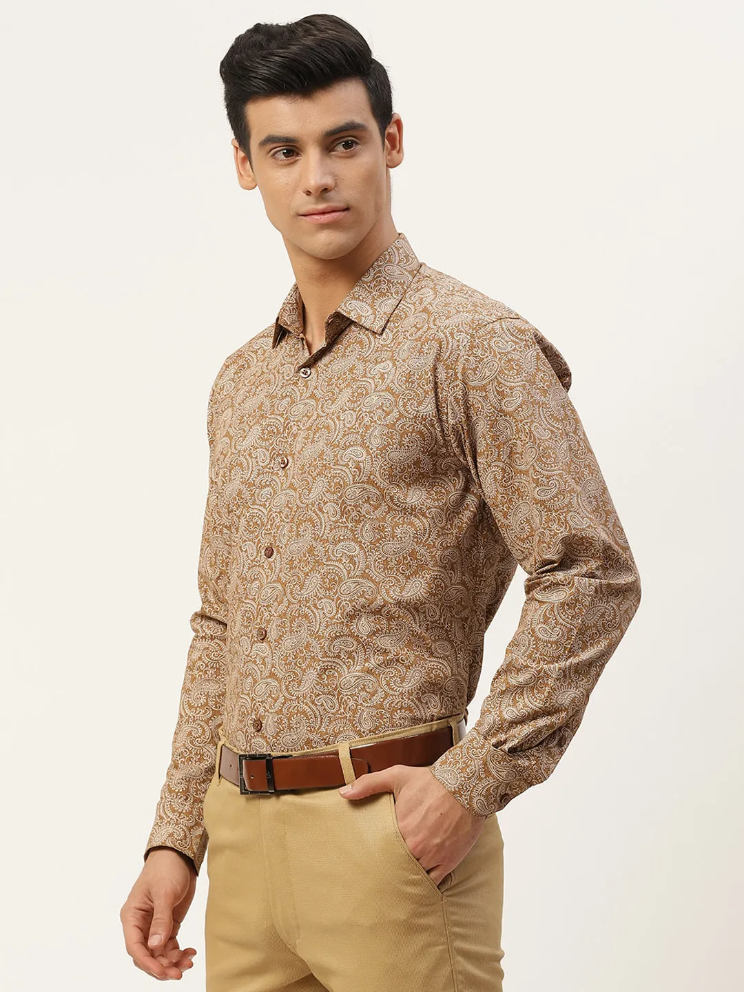 Mens Cotton Metallic Gold & White Printed Formal Shirt - Sojanya