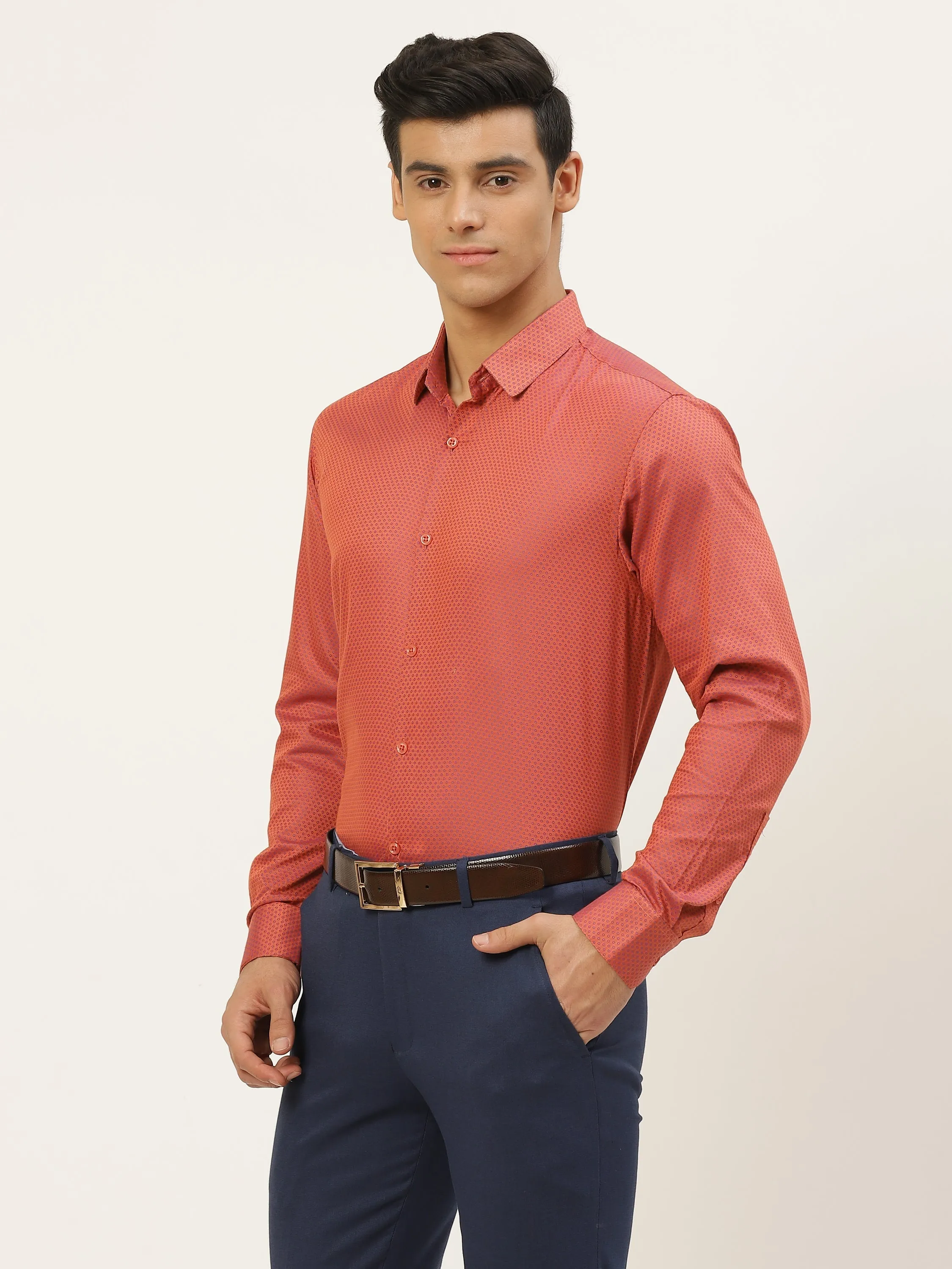 Mens Cotton Peach & Navy Blue Self Design Formal Shirt - Sojanya