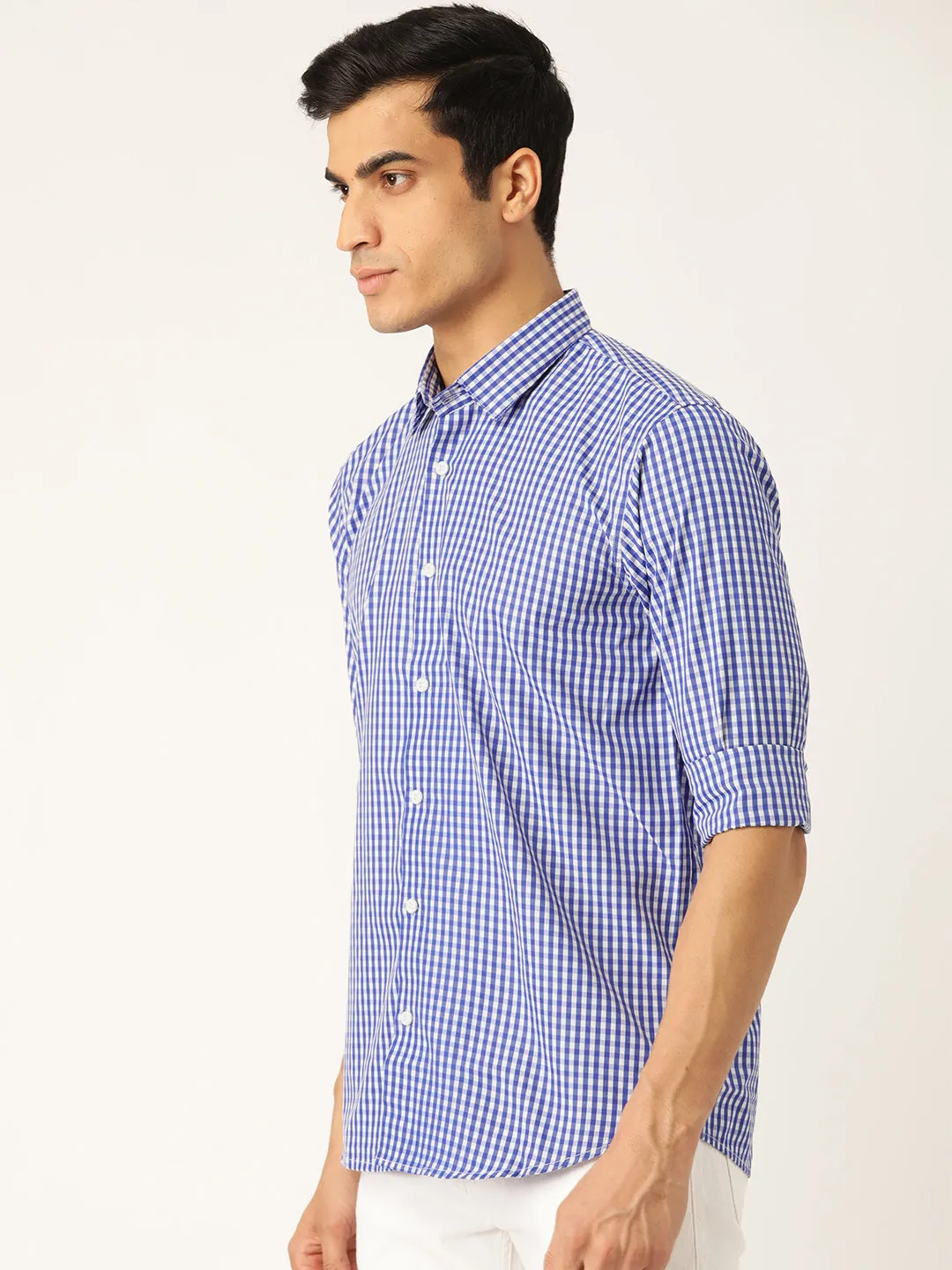 Men's Cotton Royal Blue & White Checked Formal Shirt - Sojanya