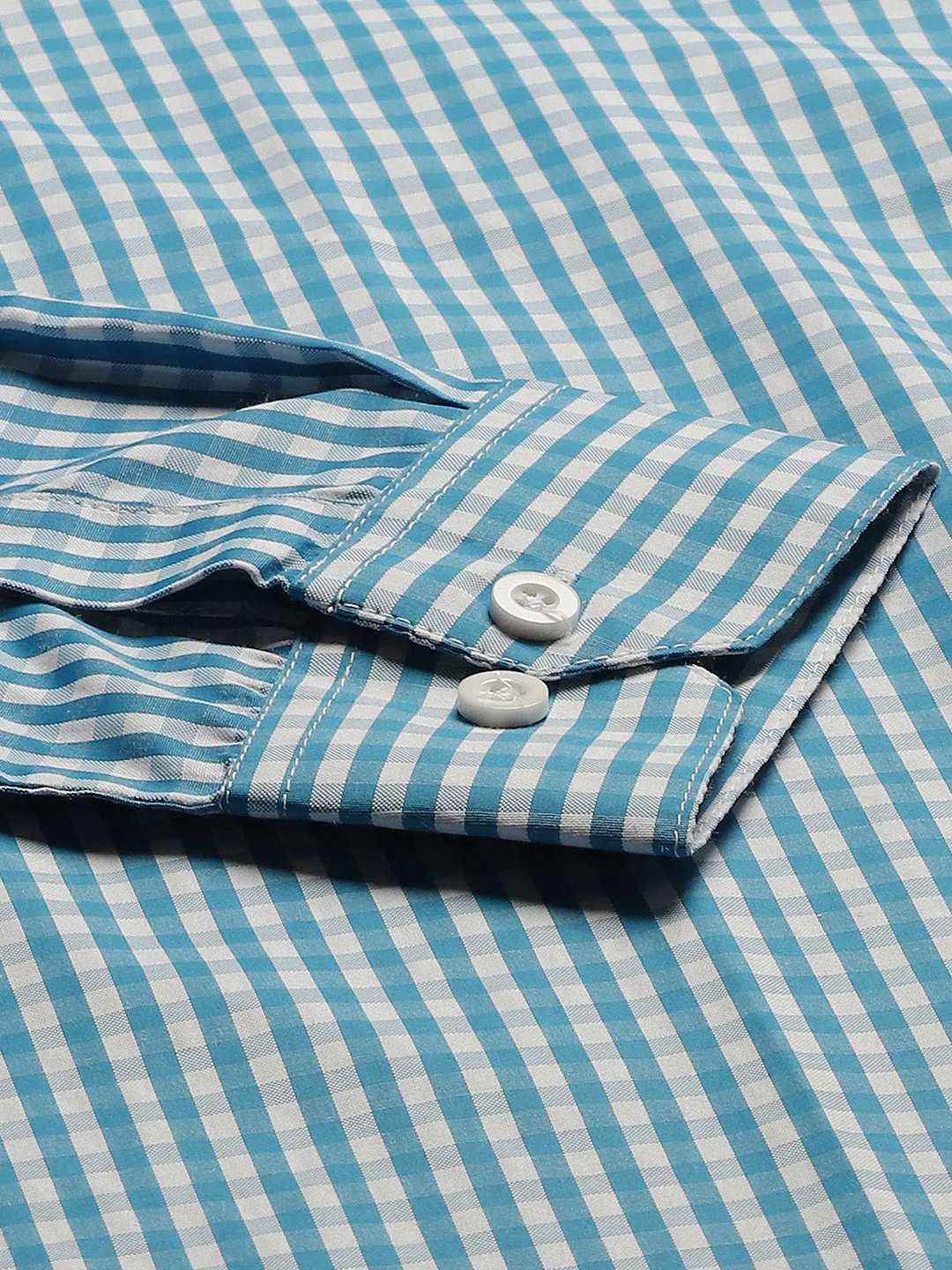 Men's Cotton Teal Blue & White Checked Formal Shirt - Sojanya