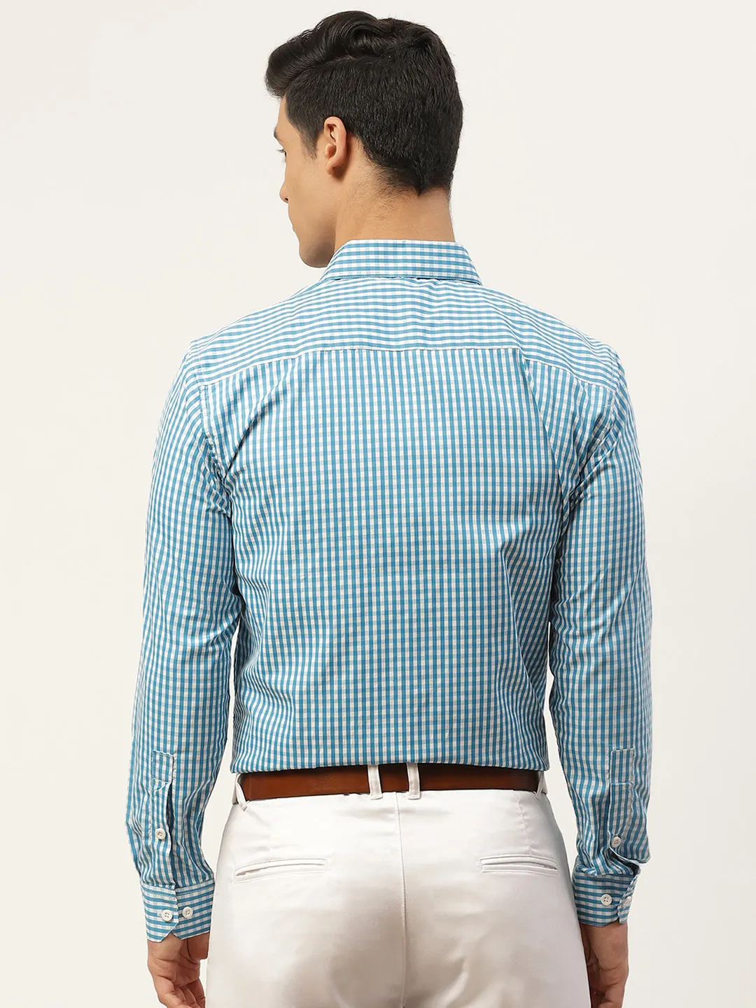 Men's Cotton Teal Blue & White Checked Formal Shirt - Sojanya