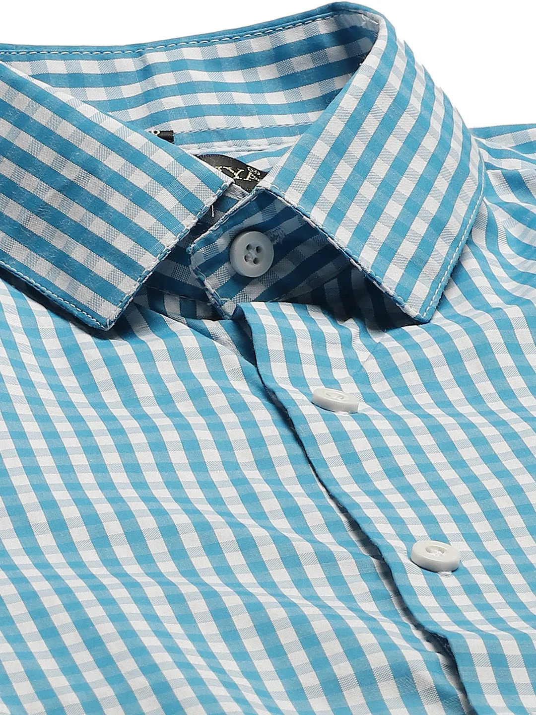 Men's Cotton Teal Blue & White Checked Formal Shirt - Sojanya