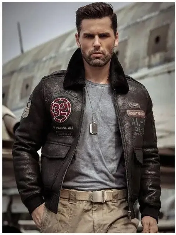 Men's Embroidered Air Force Shearling Leather Jacket