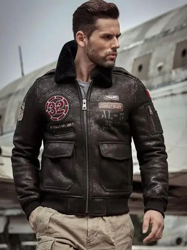 Men's Embroidered Air Force Shearling Leather Jacket