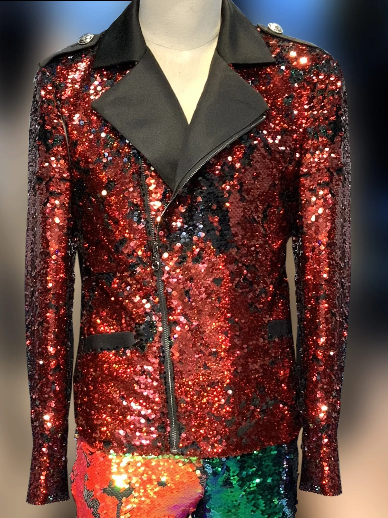 Men's Fashion Jacket -  Biker Jacket - Sequin Red/Black