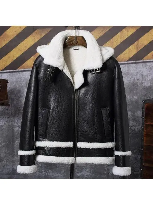 Men's Hooded Shearling Leather Bomber Jacket