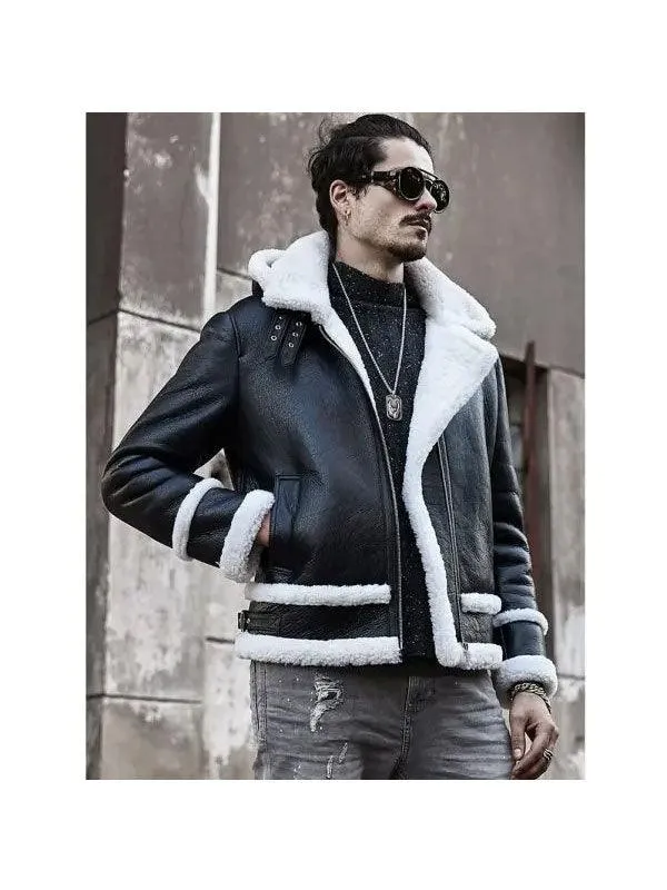 Men's Hooded Shearling Leather Bomber Jacket