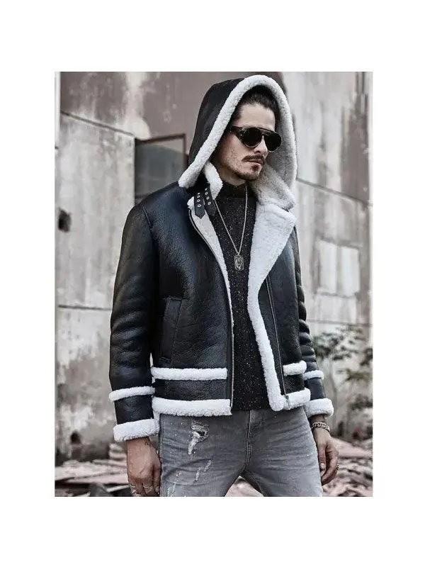 Men's Hooded Shearling Leather Bomber Jacket