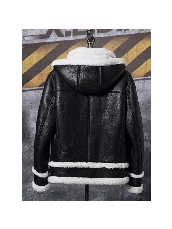 Men's Hooded Shearling Leather Bomber Jacket