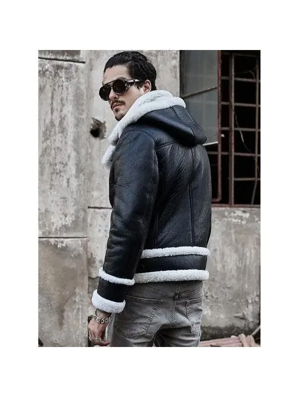 Men's Hooded Shearling Leather Bomber Jacket