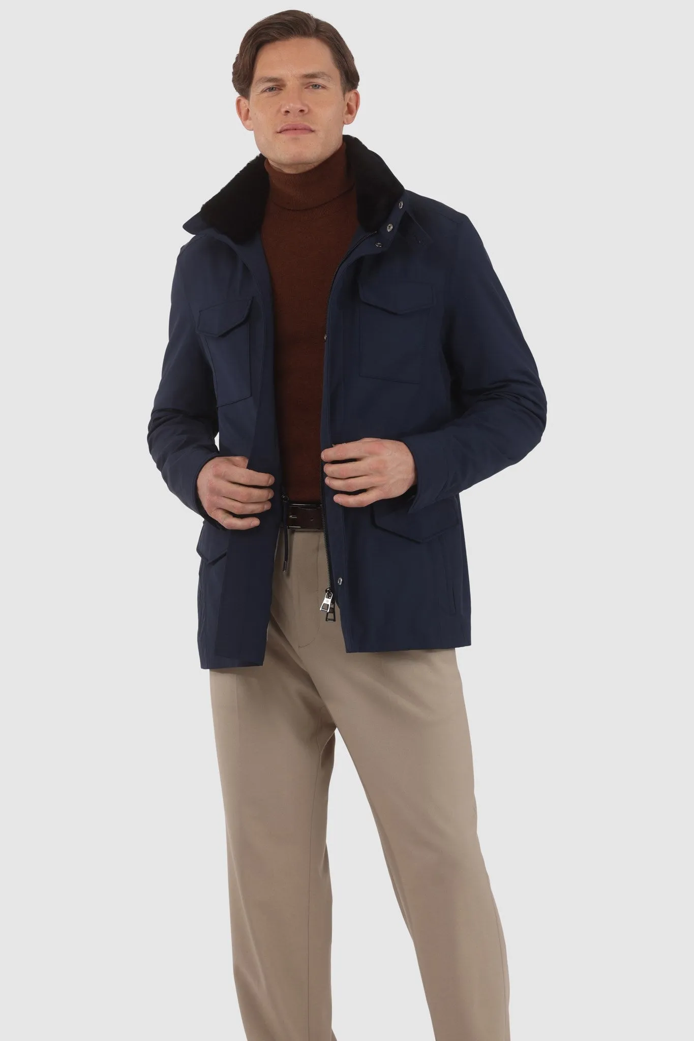 Men's Loro Piana Storm System Lined Jacket W/ Det. Shearling Lamb Collar, Concealed Hood