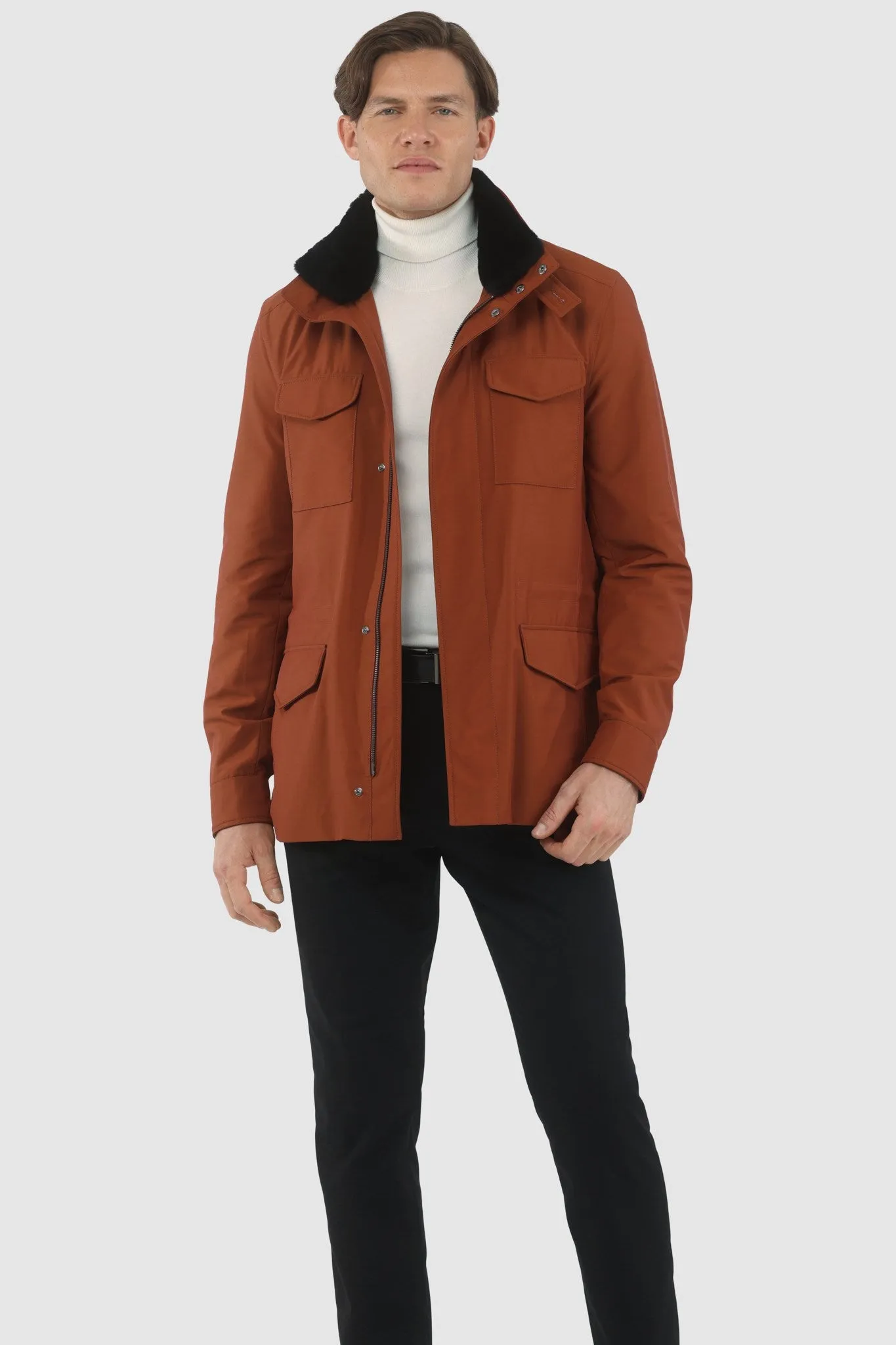 Men's Loro Piana Storm System Lined Jacket W/ Det. Shearling Lamb Collar, Concealed Hood