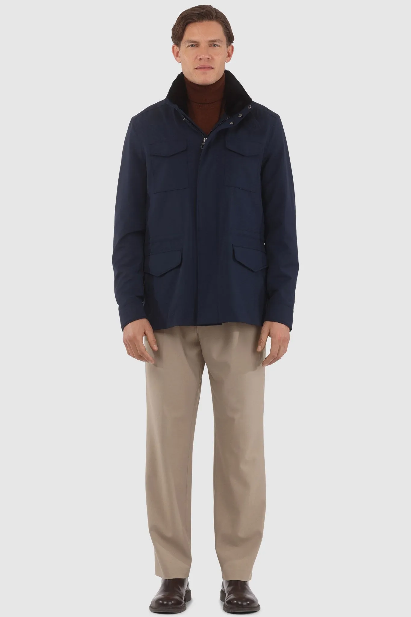 Men's Loro Piana Storm System Lined Jacket W/ Det. Shearling Lamb Collar, Concealed Hood