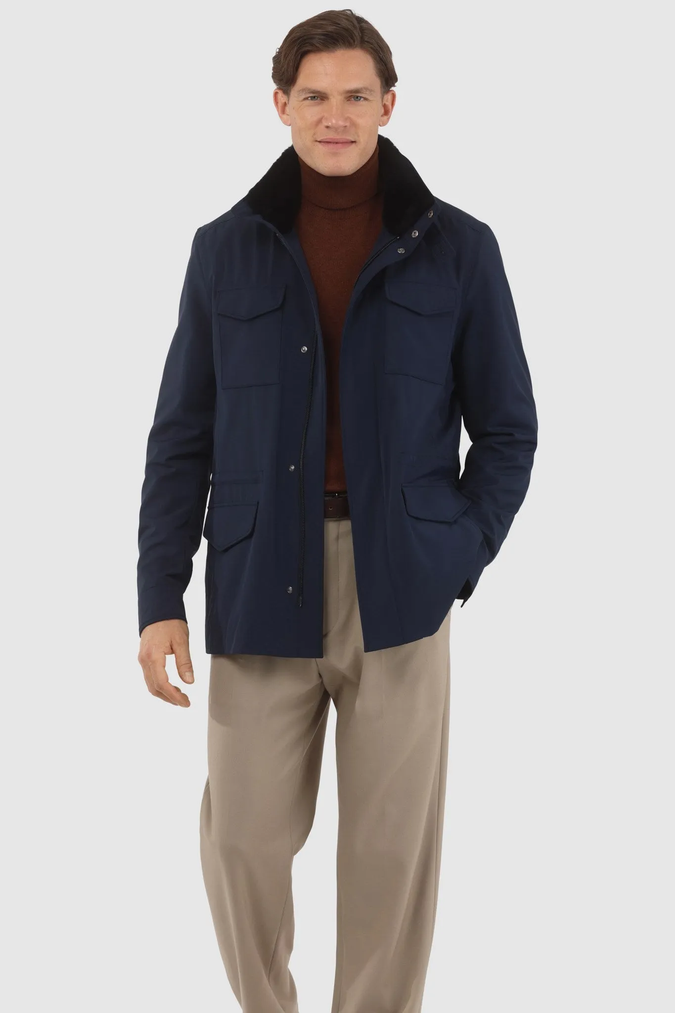 Men's Loro Piana Storm System Lined Jacket W/ Det. Shearling Lamb Collar, Concealed Hood