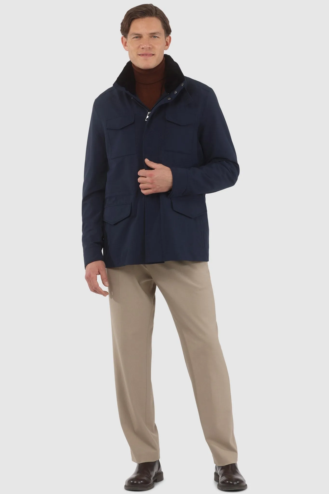 Men's Loro Piana Storm System Lined Jacket W/ Det. Shearling Lamb Collar, Concealed Hood