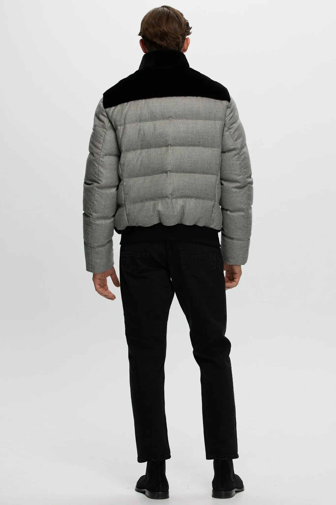 Men's Merino Shearling Lamb Bomber Jacket with Loro Piana Cashmere & Wool Quilted Down Sleeves and Back