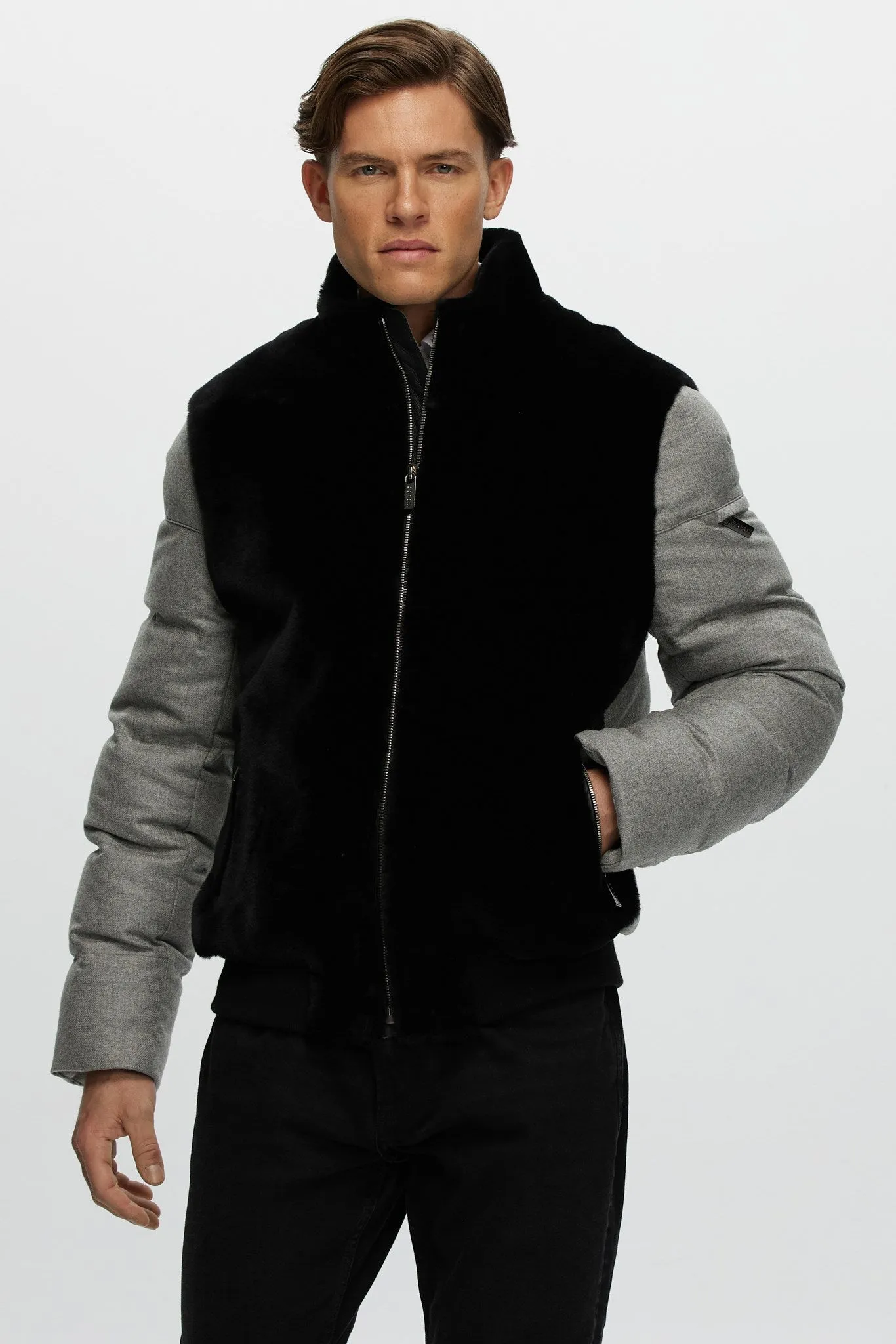 Men's Merino Shearling Lamb Bomber Jacket with Loro Piana Cashmere & Wool Quilted Down Sleeves and Back