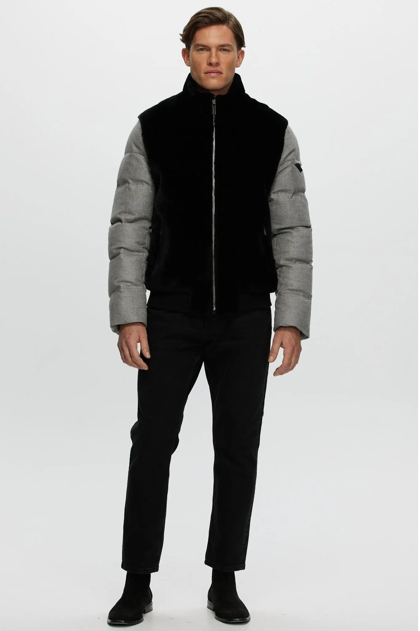 Men's Merino Shearling Lamb Bomber Jacket with Loro Piana Cashmere & Wool Quilted Down Sleeves and Back