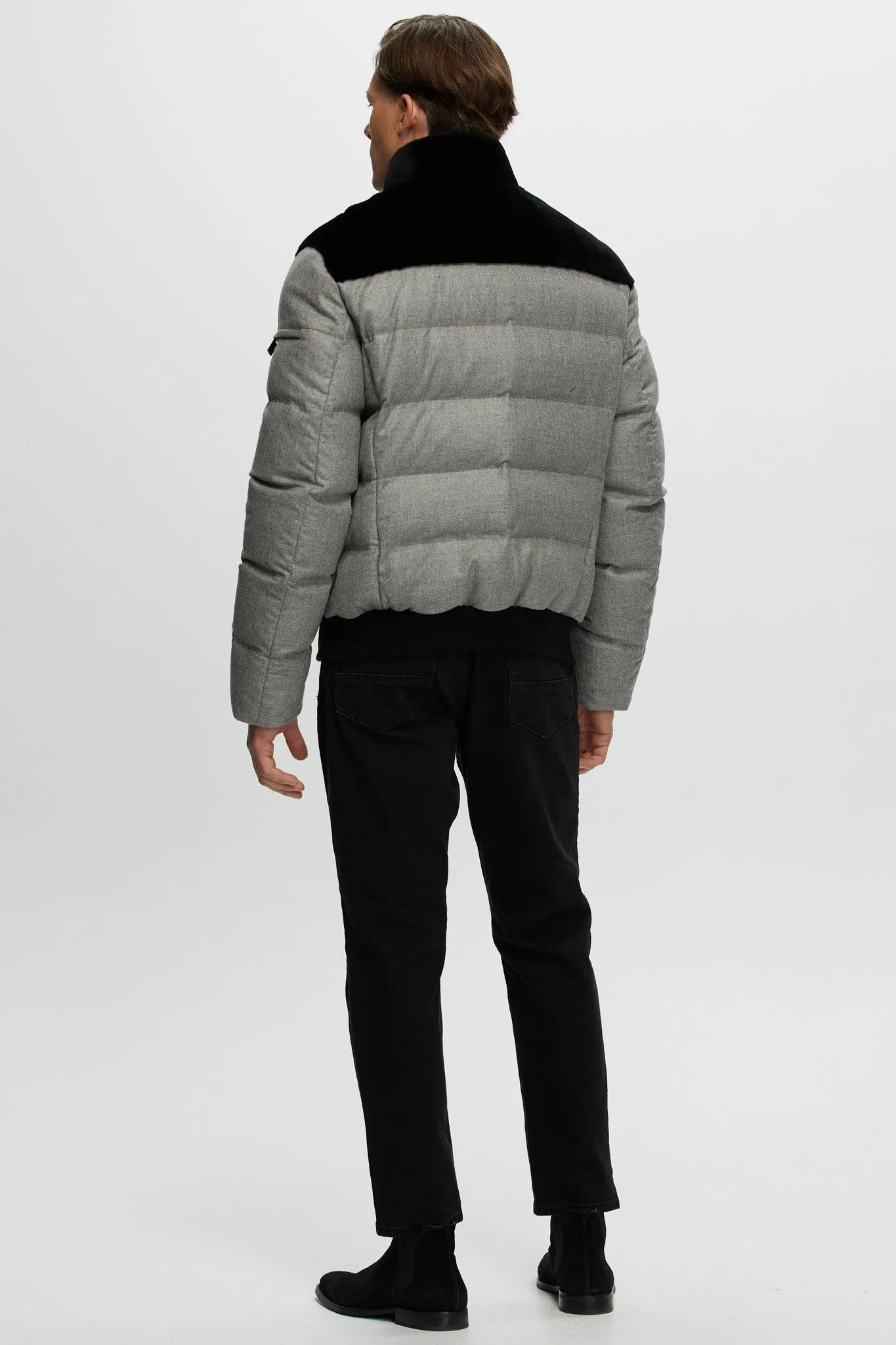 Men's Merino Shearling Lamb Bomber Jacket with Loro Piana Cashmere & Wool Quilted Down Sleeves and Back