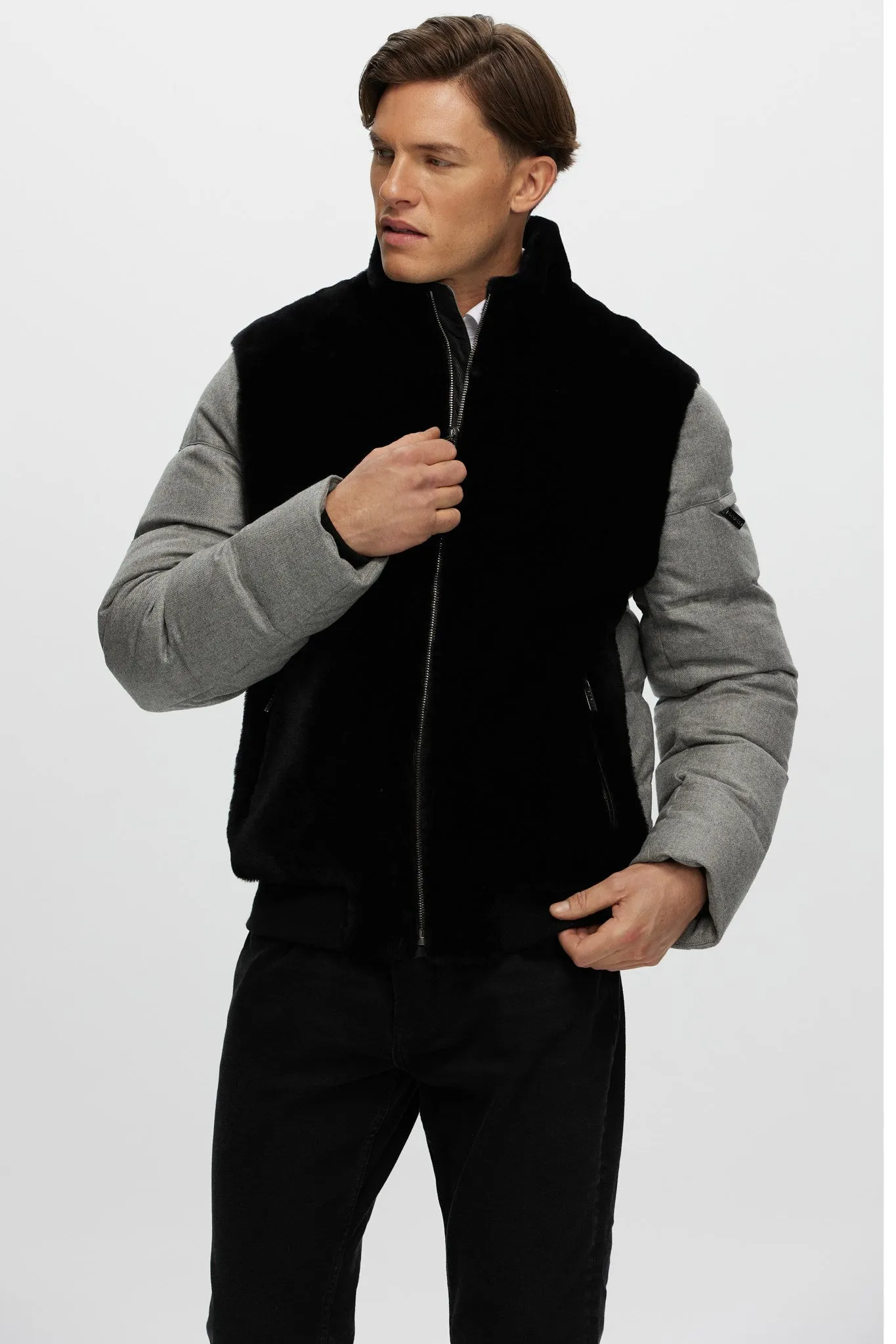 Men's Merino Shearling Lamb Bomber Jacket with Loro Piana Cashmere & Wool Quilted Down Sleeves and Back