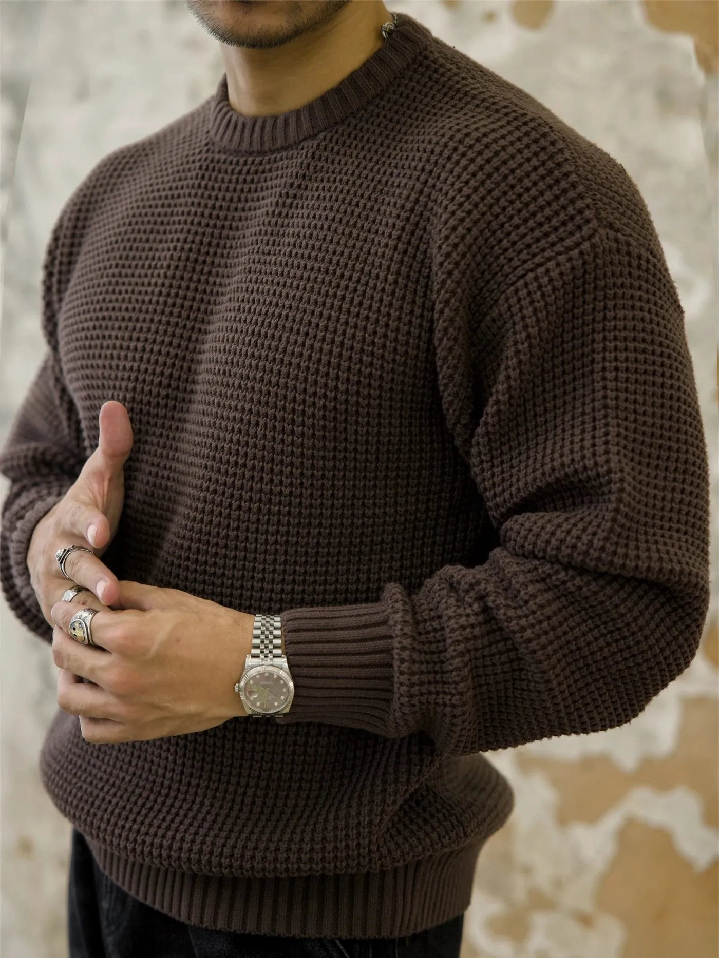 Men's O-neck Waffle Pattern Essential Sweater