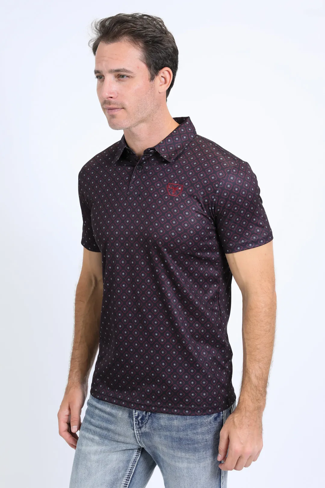 Mens Performance Fabric Print Black Polo