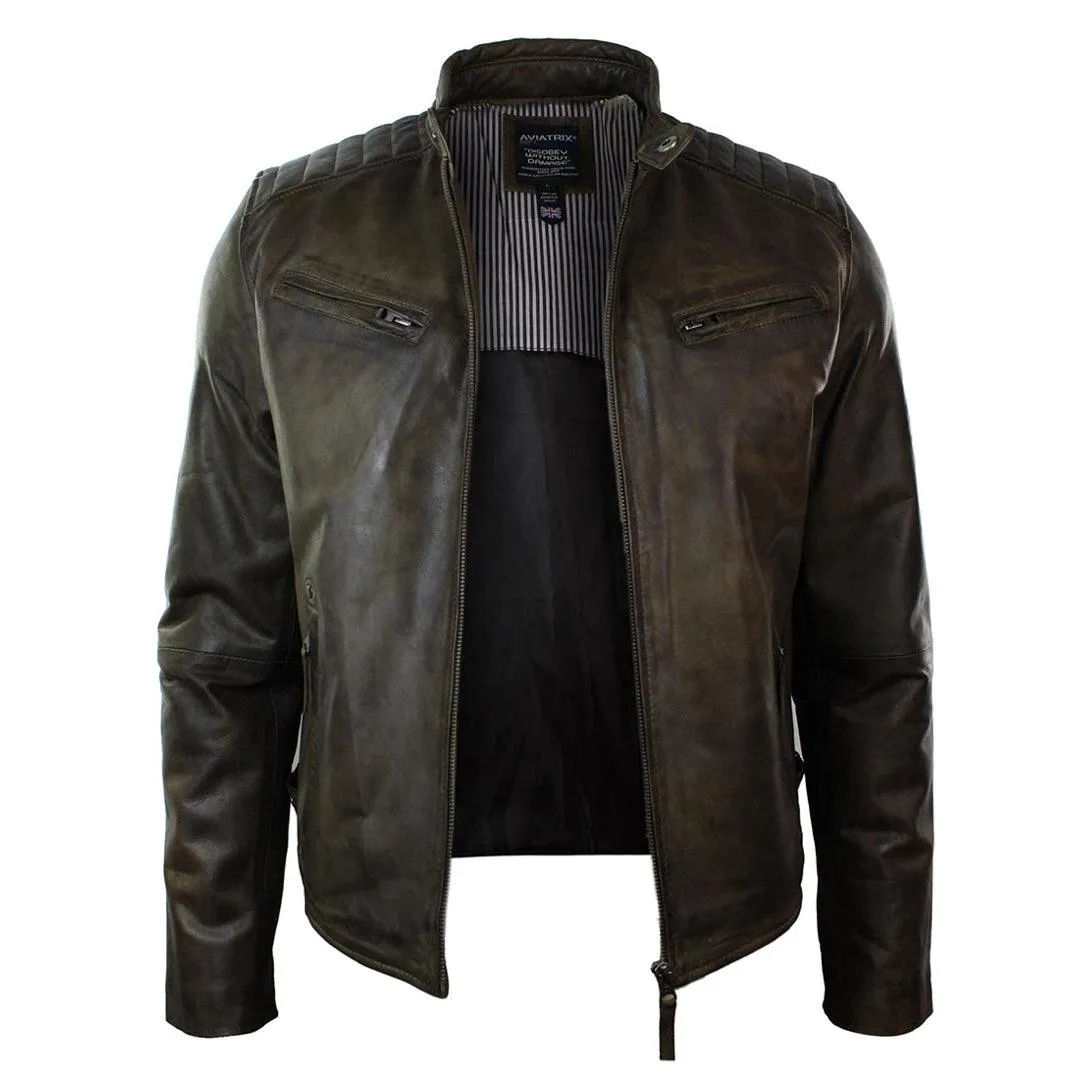 Mens Slim Fit Retro Style Zipped Biker Jacket Real Washed Leather Brown Urban