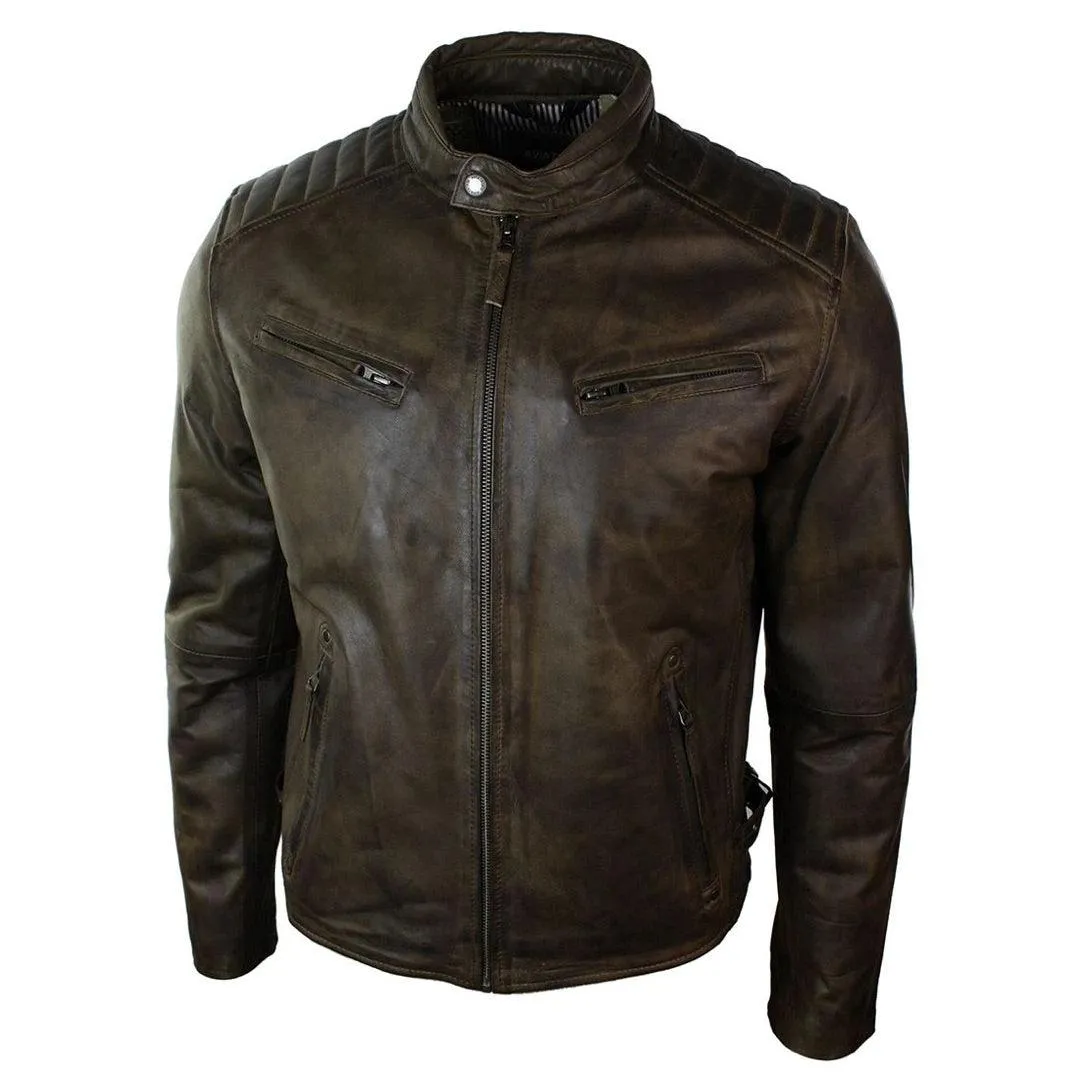 Mens Slim Fit Retro Style Zipped Biker Jacket Real Washed Leather Brown Urban