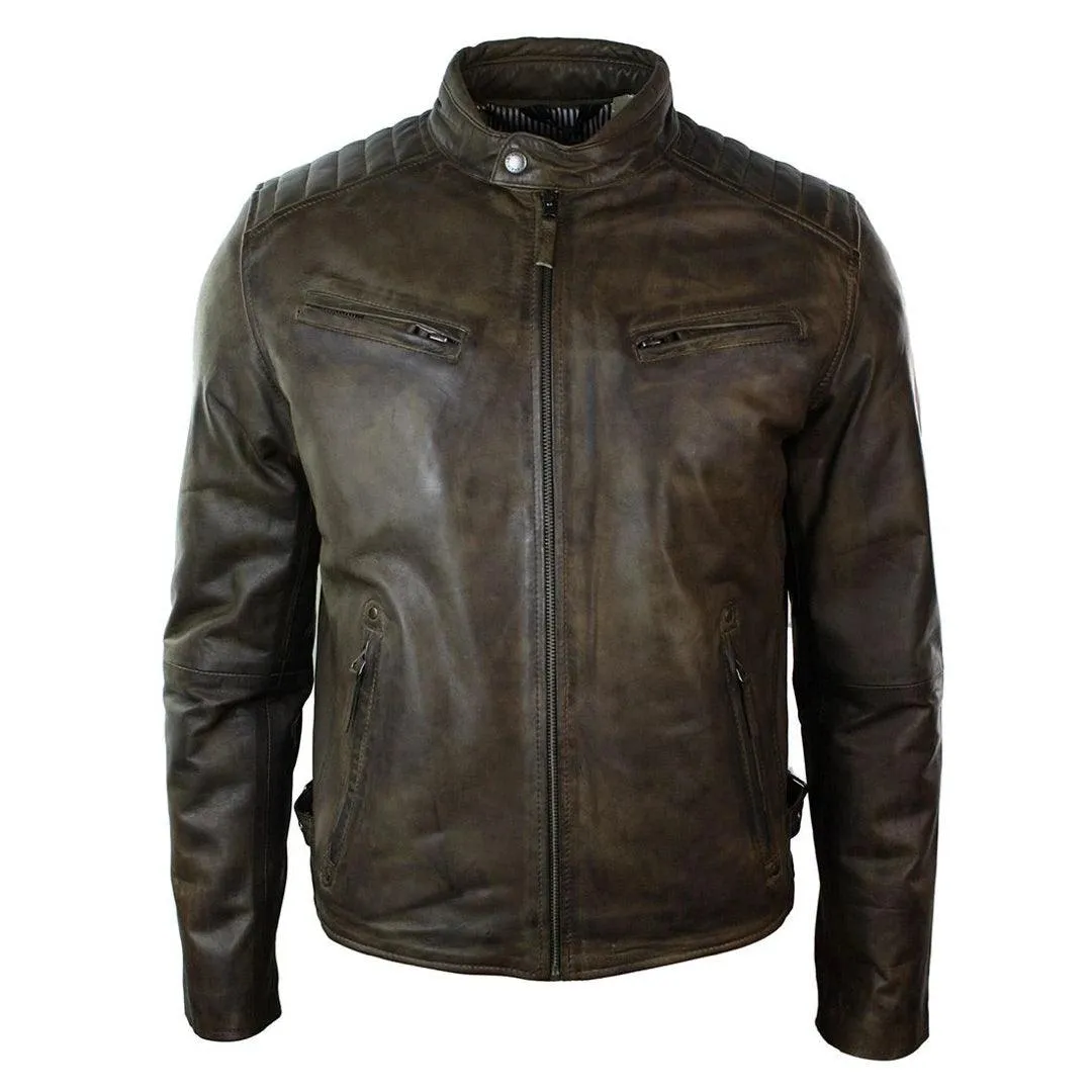 Mens Slim Fit Retro Style Zipped Biker Jacket Real Washed Leather Brown Urban