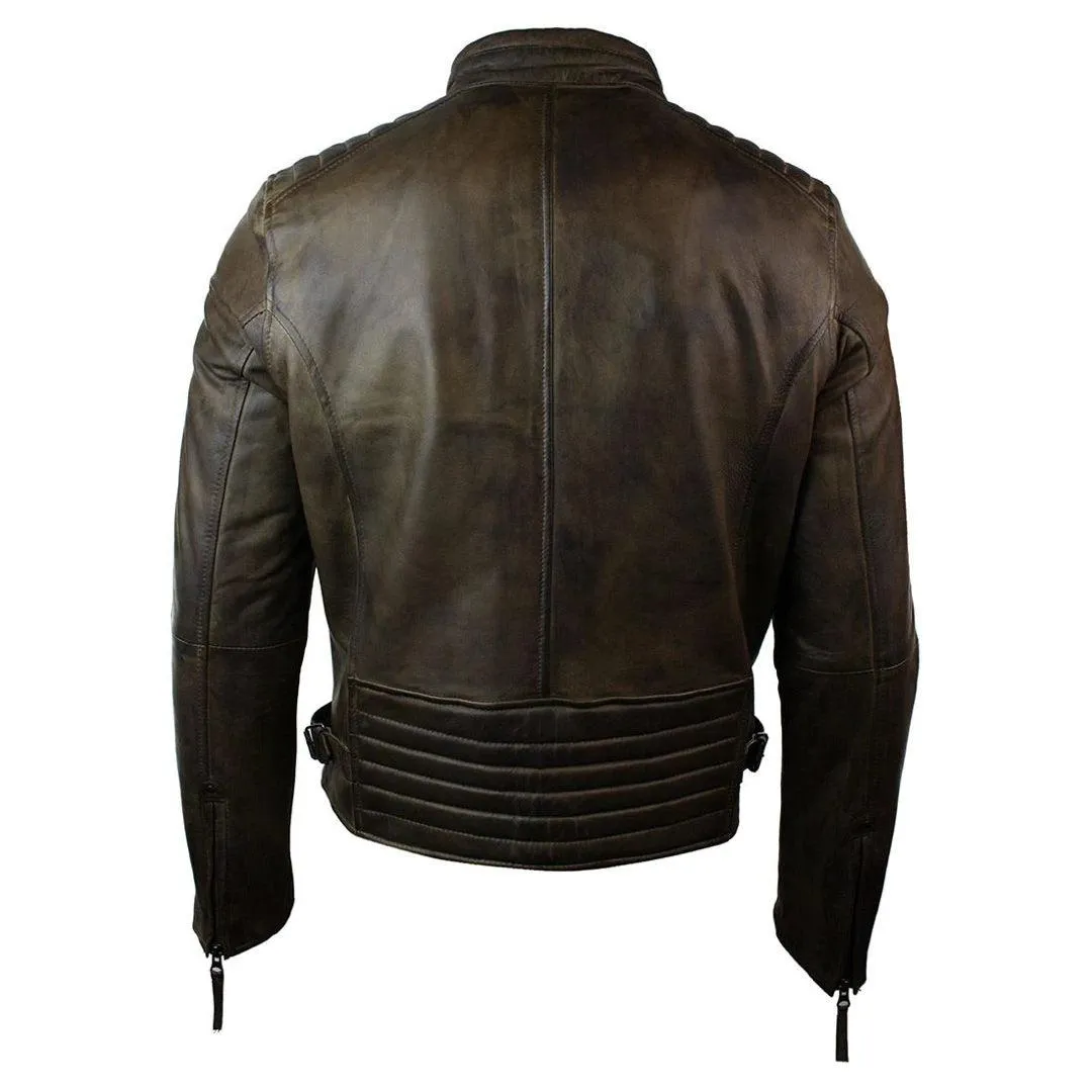 Mens Slim Fit Retro Style Zipped Biker Jacket Real Washed Leather Brown Urban