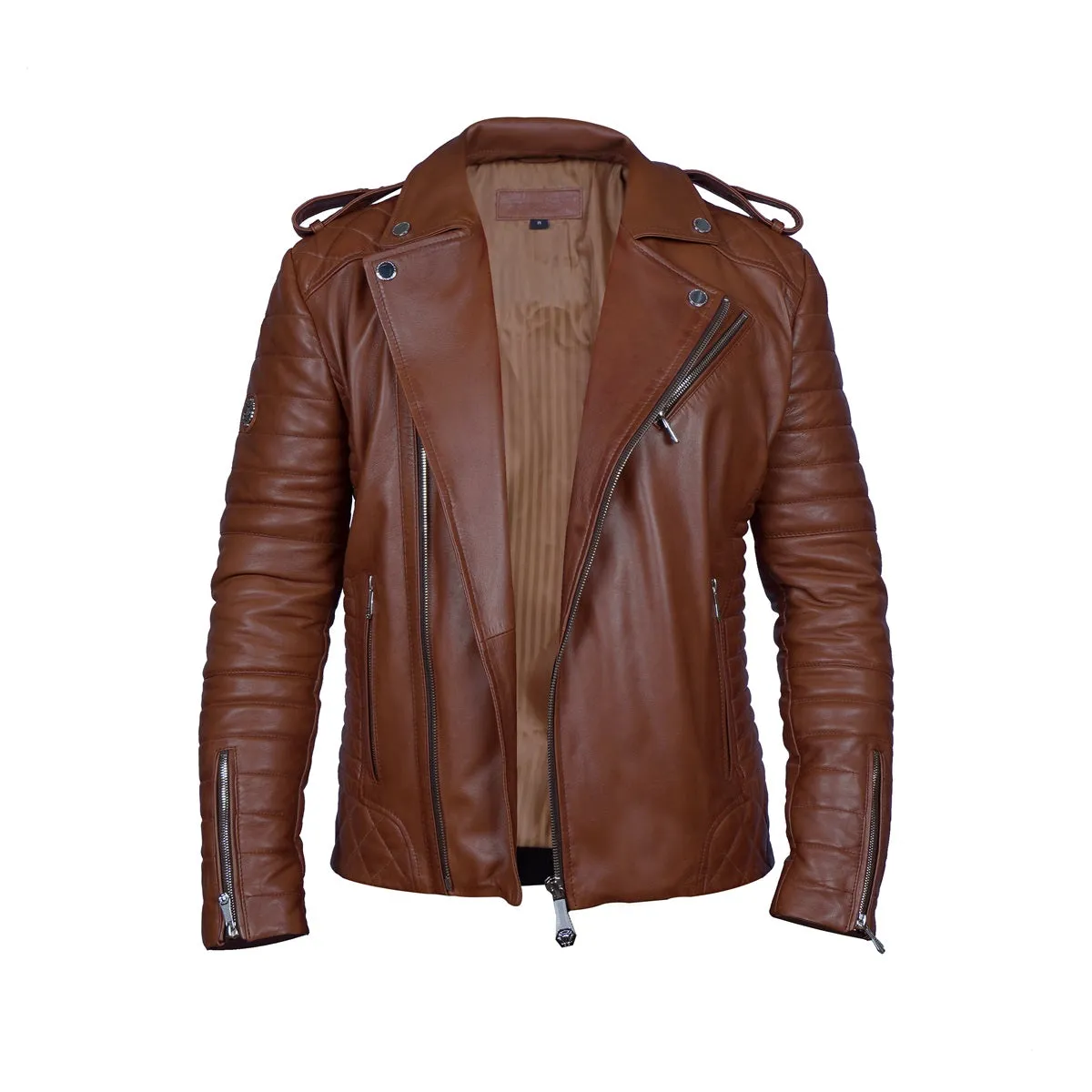 Men's Trending Stylish And Comfortable Diamond Stitch Tan Leather Biker Jacket By Brune & Bareskin