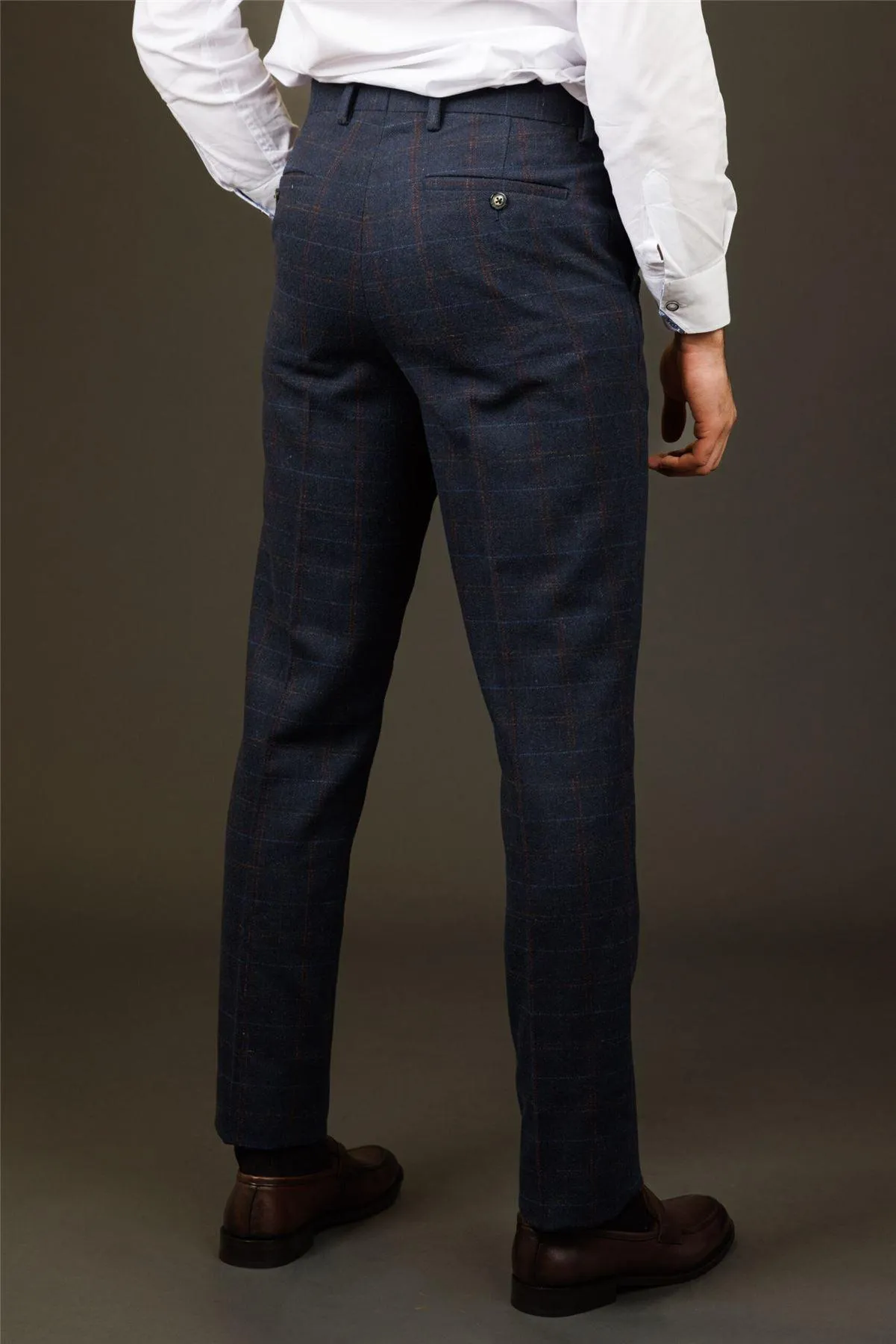 Men's Trousers Wool Blend Navy Blue Herringbone Check Tweed Formal Pants