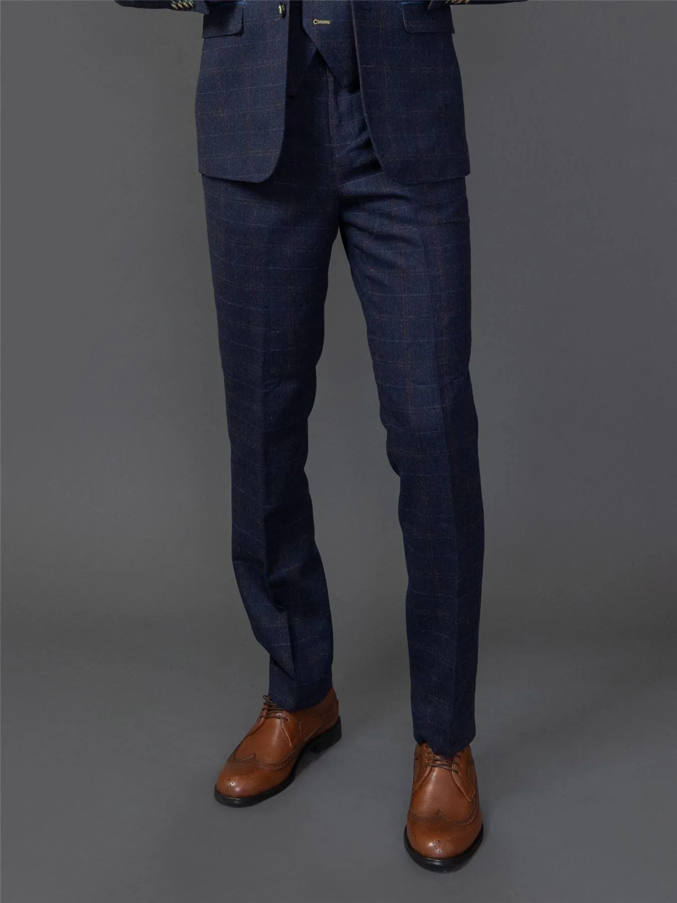 Men's Trousers Wool Blend Navy Blue Herringbone Check Tweed Formal Pants