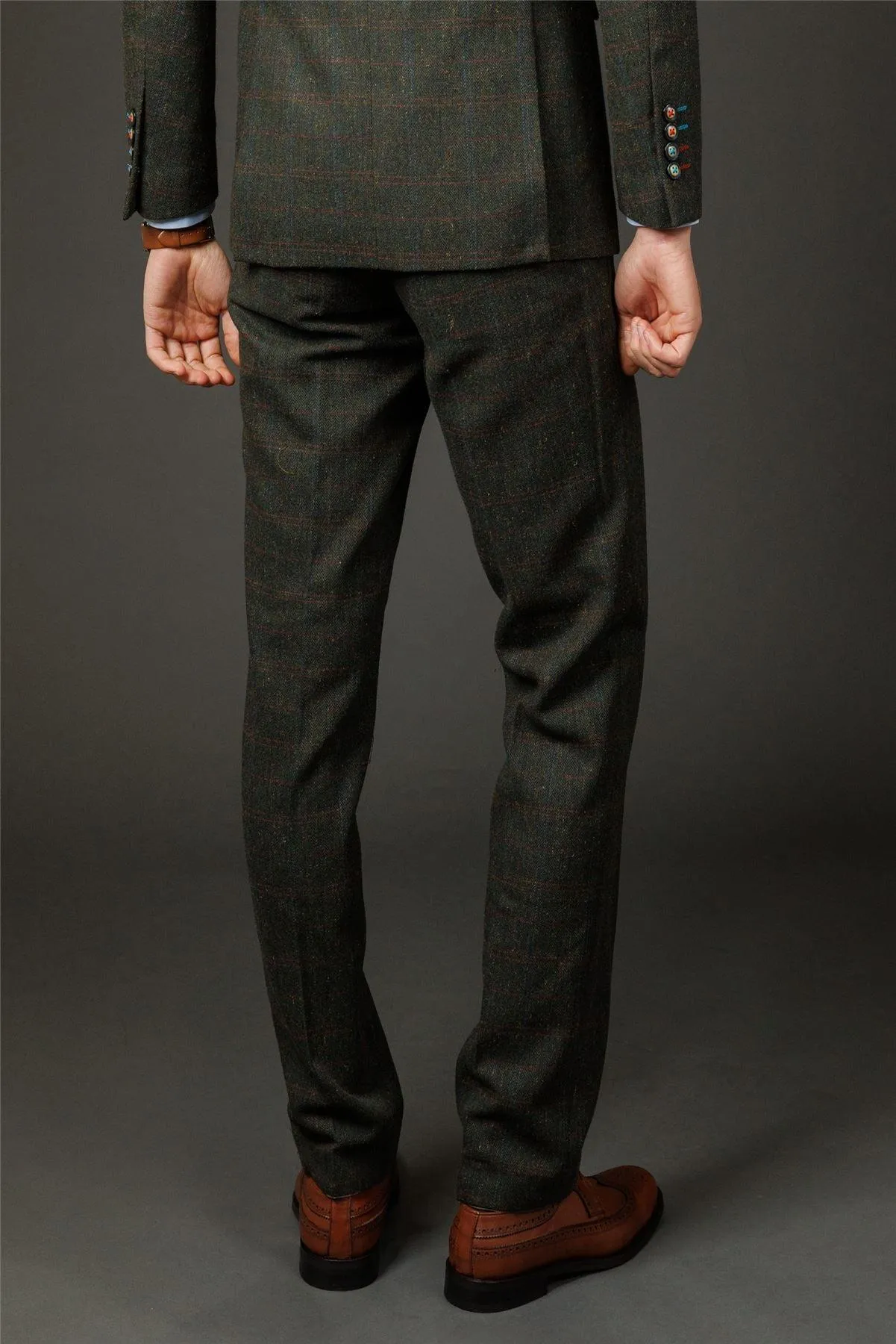 Men's Trousers Wool Blend Olive Green Herringbone Check Tweed Formal Pants