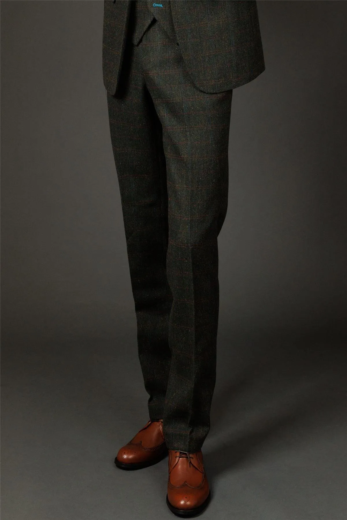 Men's Trousers Wool Blend Olive Green Herringbone Check Tweed Formal Pants