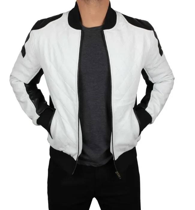 Men's White leather bomber jacket