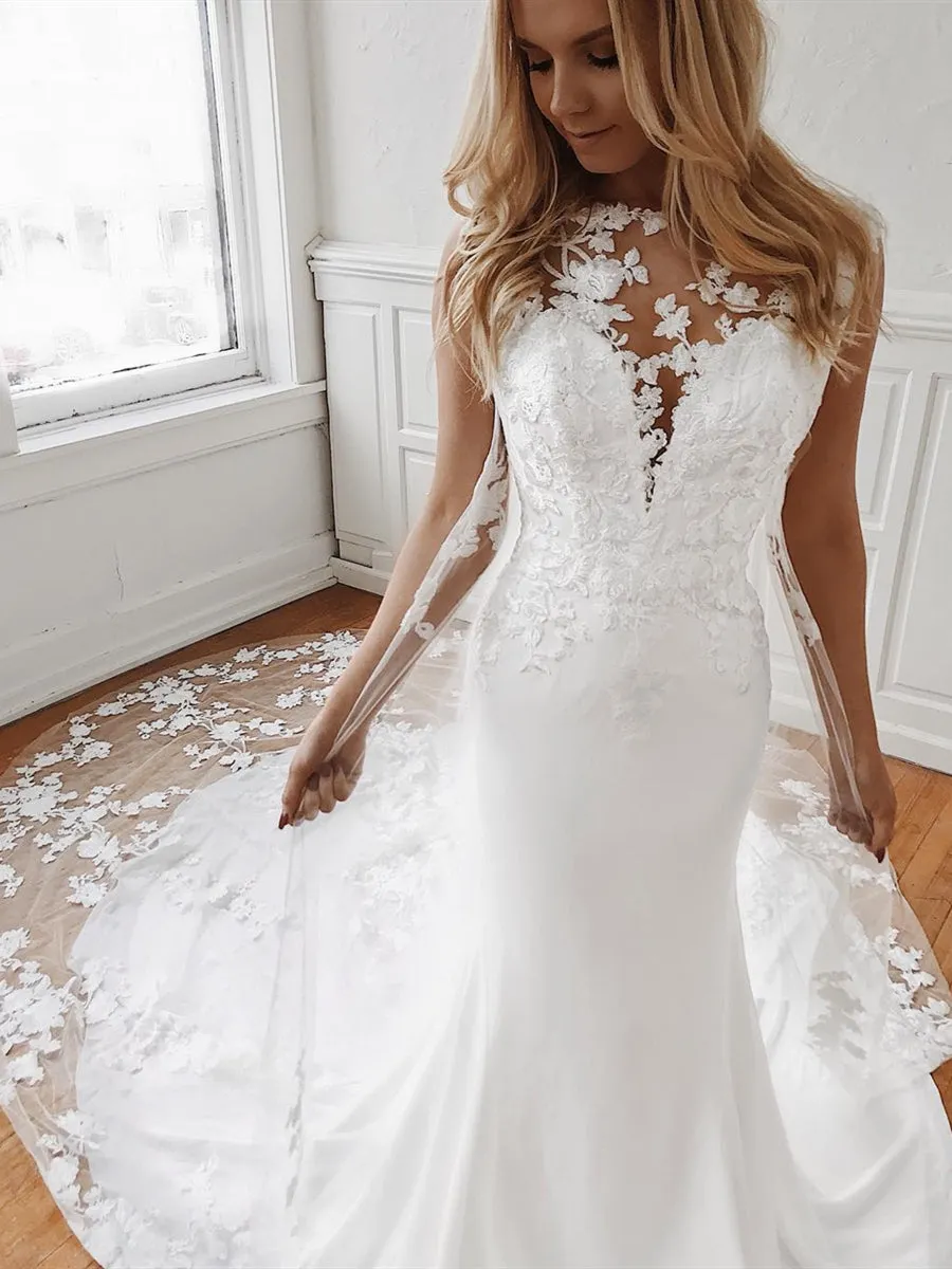 Mermaid Lace Appliques White Wedding with Train, Mermaid White Lace Prom, White Lace Formal Evening