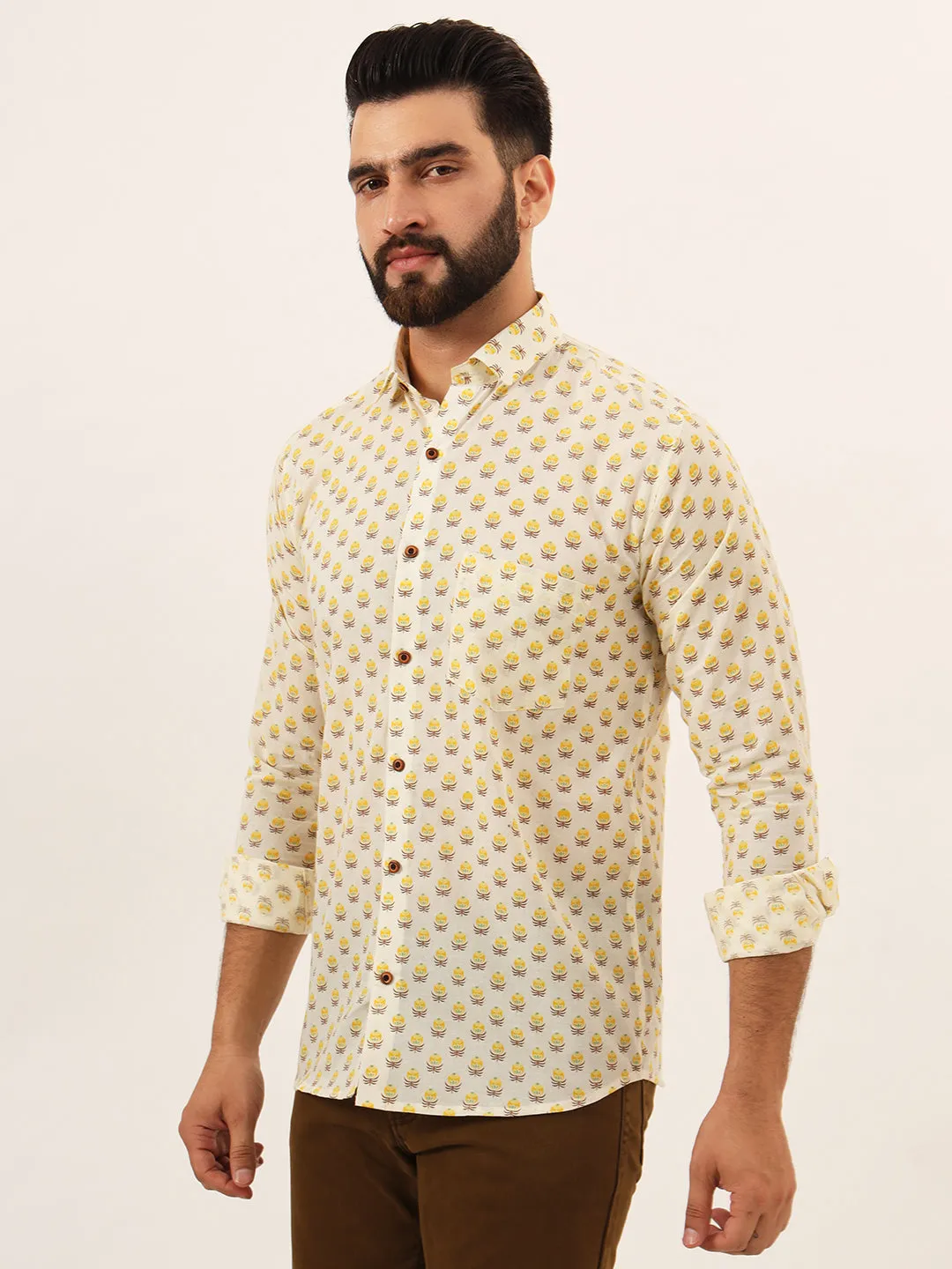 MILLENNIAL MEN Yellow Floral Print Pure Cotton Regular Fit Casual Shirt