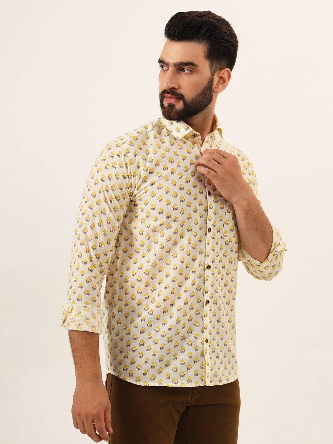 MILLENNIAL MEN Yellow Floral Print Pure Cotton Regular Fit Casual Shirt