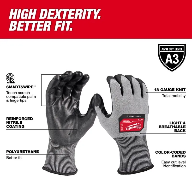 Milwaukee Cut Level 3 High Dexterity Polyurethane Dipped Gloves Gray L 1 pair