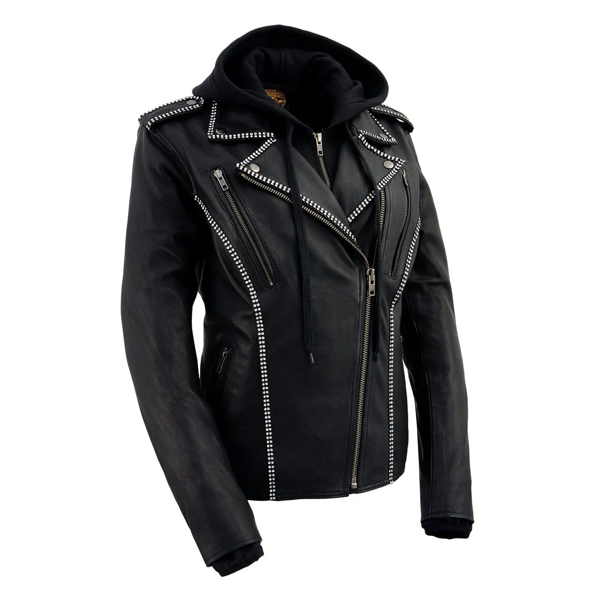 Milwaukee Leather MLL2503 Women's Black 'Bedazzled' Leather Moto Jacket with Hoodie